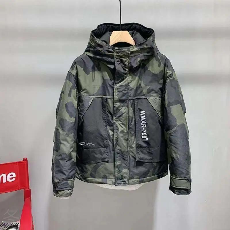 百搭23迷彩内加棉加厚连帽羽绒服男宽松潮牌工装冬款夹克