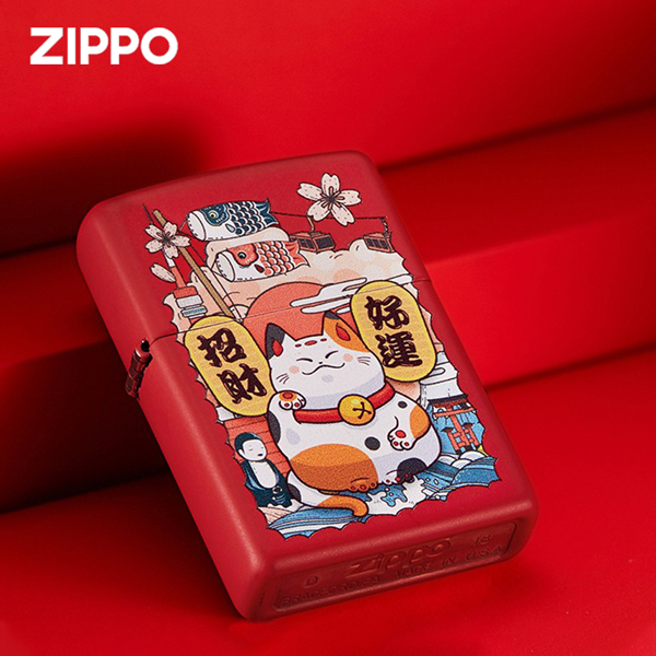 ZIPPO打火机正版招财猫 红色国潮可爱个性创意彩印防风煤油打火机