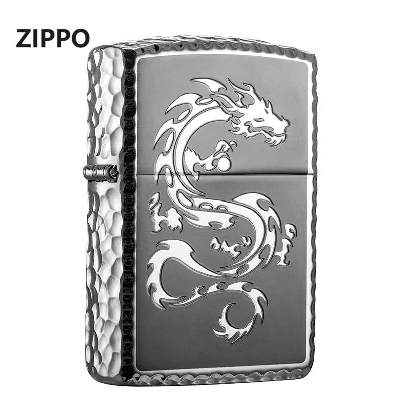 ZIPPO打火机正版 腾龙-陨石坑-黑色 男士个性凿边龙形防风打火机 
