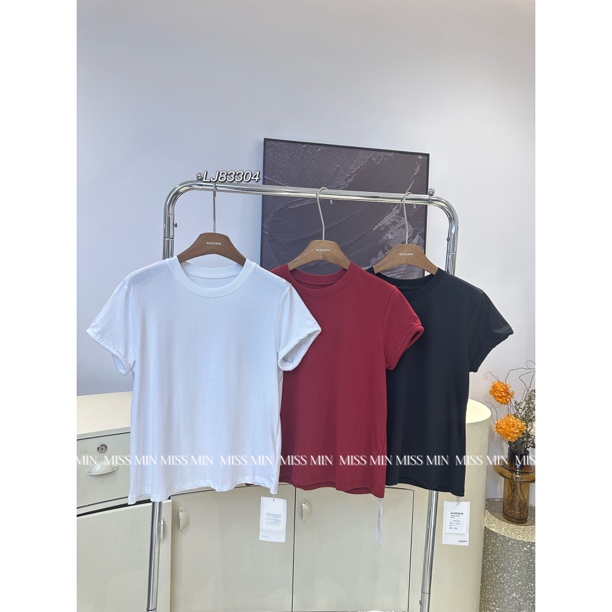MISS MIN  83304  夏新款纯色百搭显瘦袖子挽边圆领短袖净版T恤