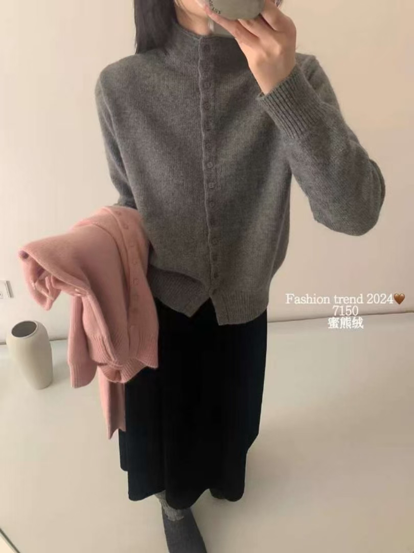 朱姐家落肩袖纯色女毛针织衫半高领开衫长袖毛衣