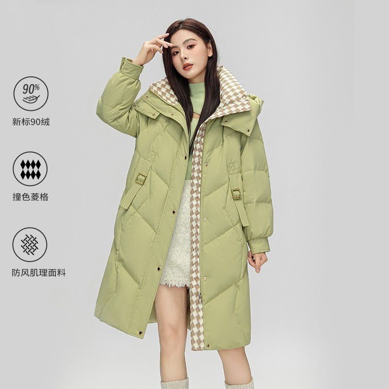 雅鹿羽绒服时尚菱格撞色拼接羽绒服女中长款2024年新款加厚冬季韩