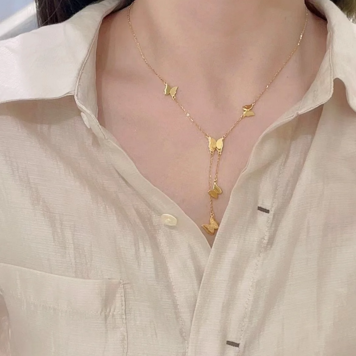 钛钢项链 五只蝴蝶流苏项链