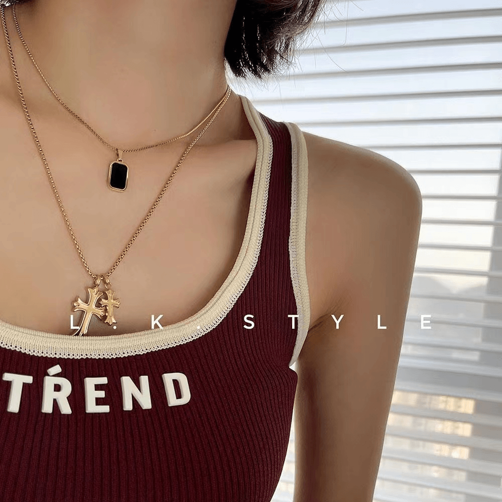 钛钢项链 金色双十字架项链