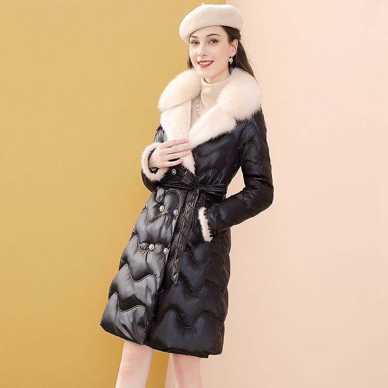 雅鹿大码雅鹿新款狐狸毛白鸭绒收腰羽绒服女加厚中长款2024冬秋冬