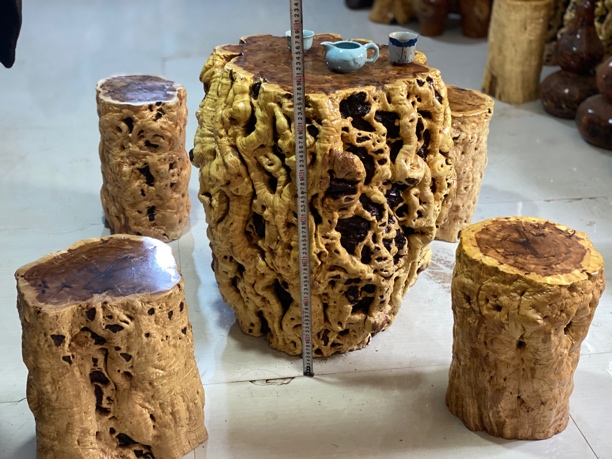 创意龙纹枣木简易办公室木头茶台个性五件套实木圆形手工复古木质