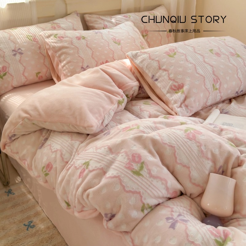 春秋故事高定仙美ins郁金香雕花牛奶绒四件套冬季加厚保暖被套