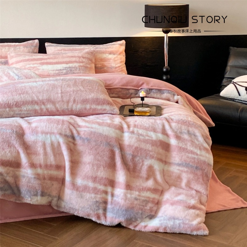 春秋故事高克重冬季加厚A类兔毛绒四件套奶油风提花被套床单床品