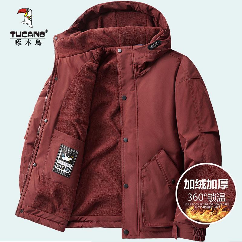 啄木鸟秋冬季加绒加厚夹克外套男士休闲户外防水工装冲锋衣连帽
