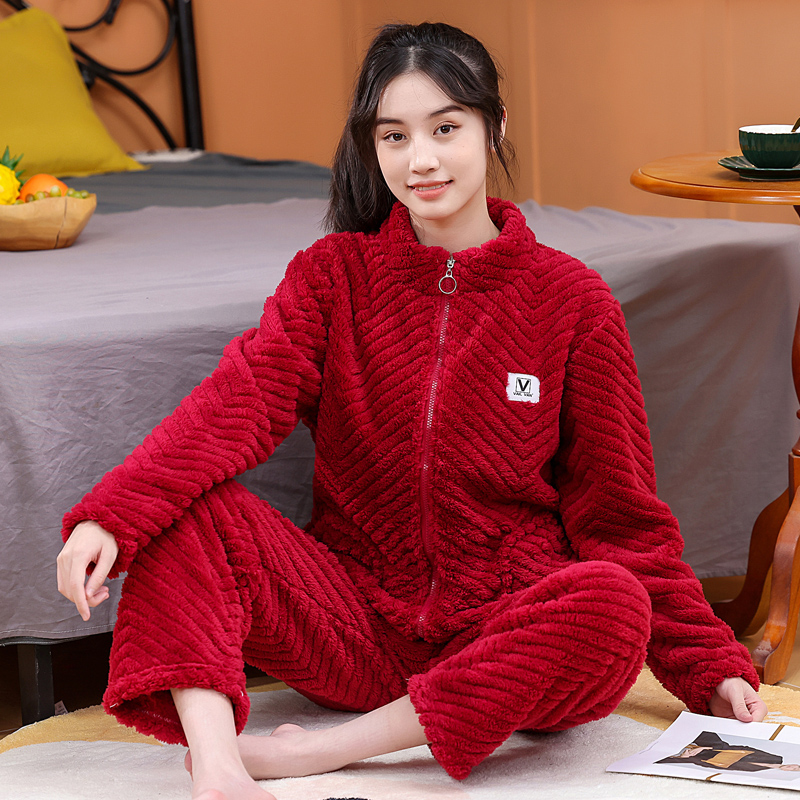 睡衣女冬季款加厚加绒珊瑚绒2024新款男士青少年可外穿家居服套装