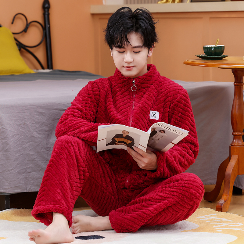 珊瑚绒睡衣男冬季加厚加绒法兰绒保暖青少年大码男士家居服套装冬