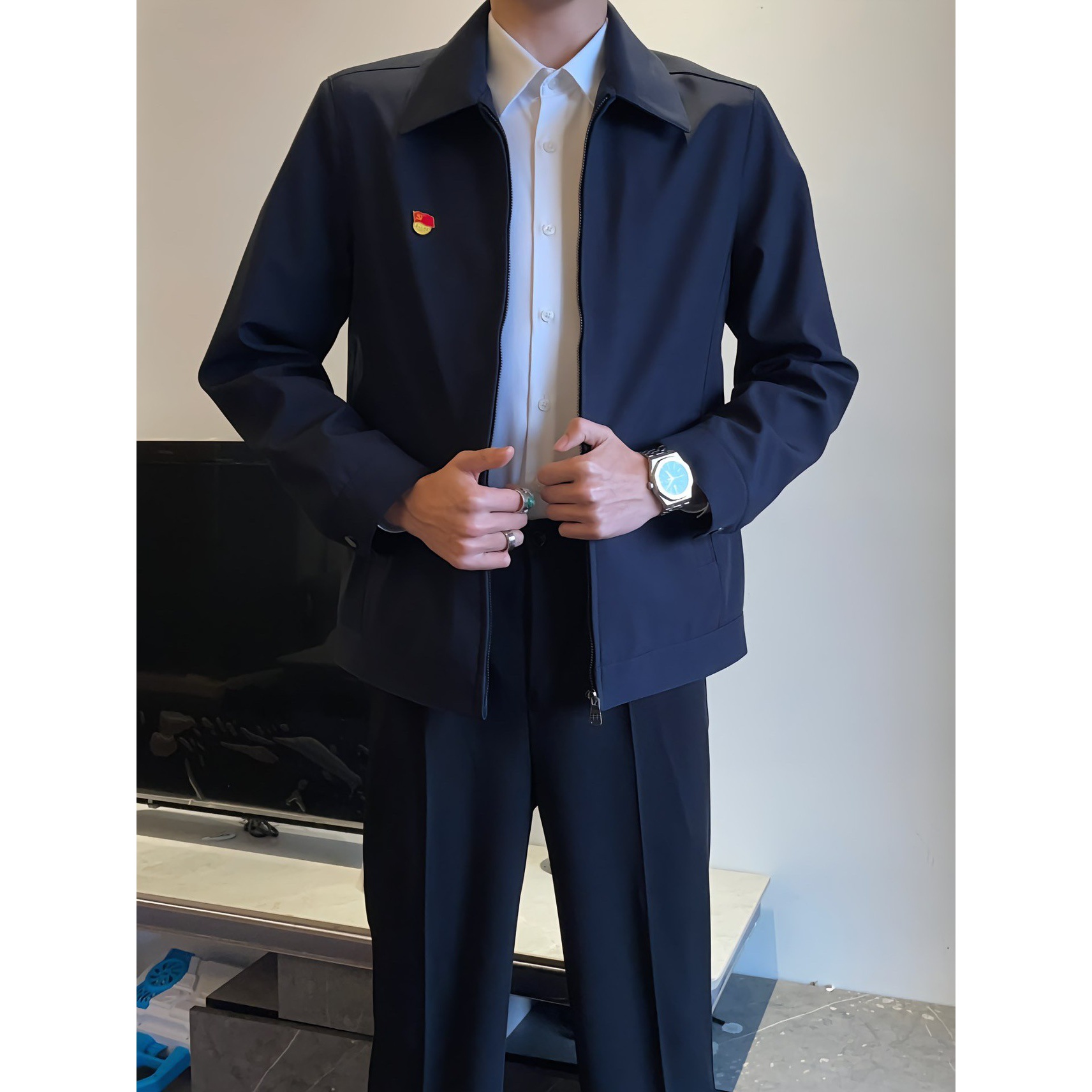 厅局干部夹克领导夹克外套修身百搭复古男翻领商务青年公务行政衫