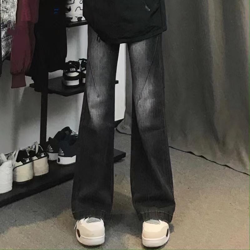 美式做旧水洗复古高级感显高微喇黑色牛仔裤男女宽松百搭长裤潮牌