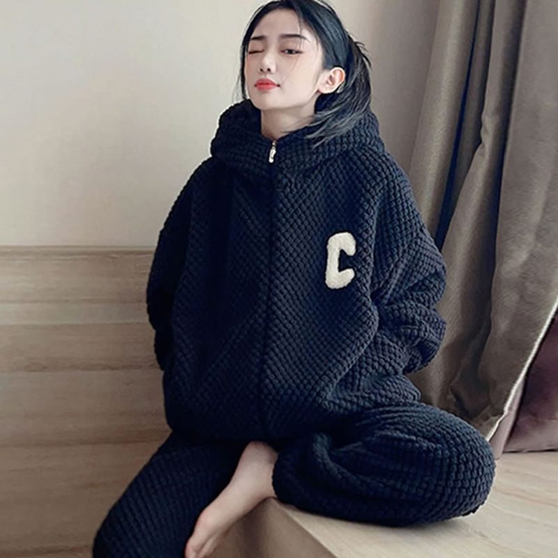 睡衣女秋冬款运动连帽加绒加厚休闲拉链学生可外穿家居服套装春秋