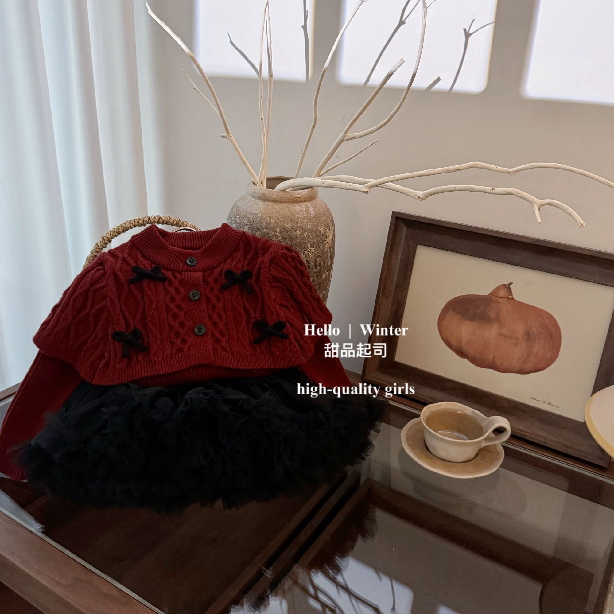 【甜品起司】女宝宝蝴蝶结针织衫叠穿披肩斗蓬上衣毛毛边微喇裤2675