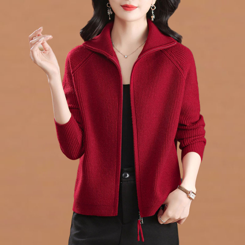 时髦翻领拉链针织开衫女2024秋冬外穿百搭红色休闲毛衣短外套上衣