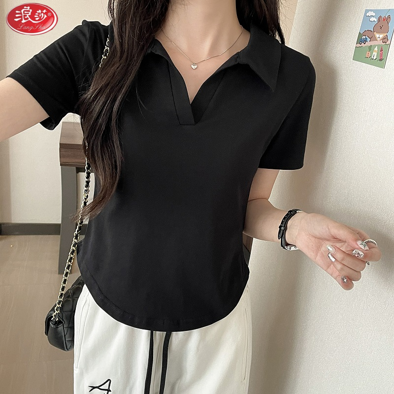 浪莎黑色polo领正肩短袖t恤女圆弧下摆夏季休闲短款百搭精致上衣
