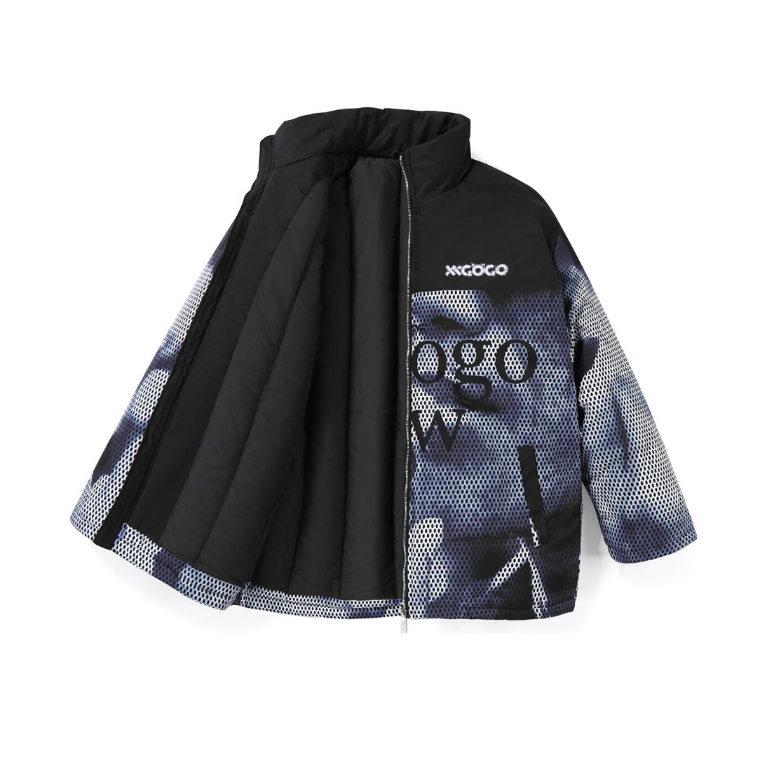 人像英文印花宽松落肩袖拉链立领棉衣 冬季 男女同款 黑色