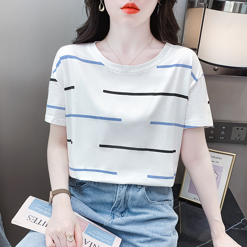 夏季新款纯棉条纹短袖女法式减龄外穿时尚百搭气质圆领t恤上衣潮