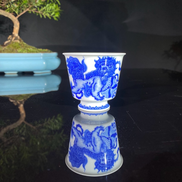 继统柴藏 青花瓷狮子滚绣球闻香主人杯景德镇茶具套装纯手工手绘