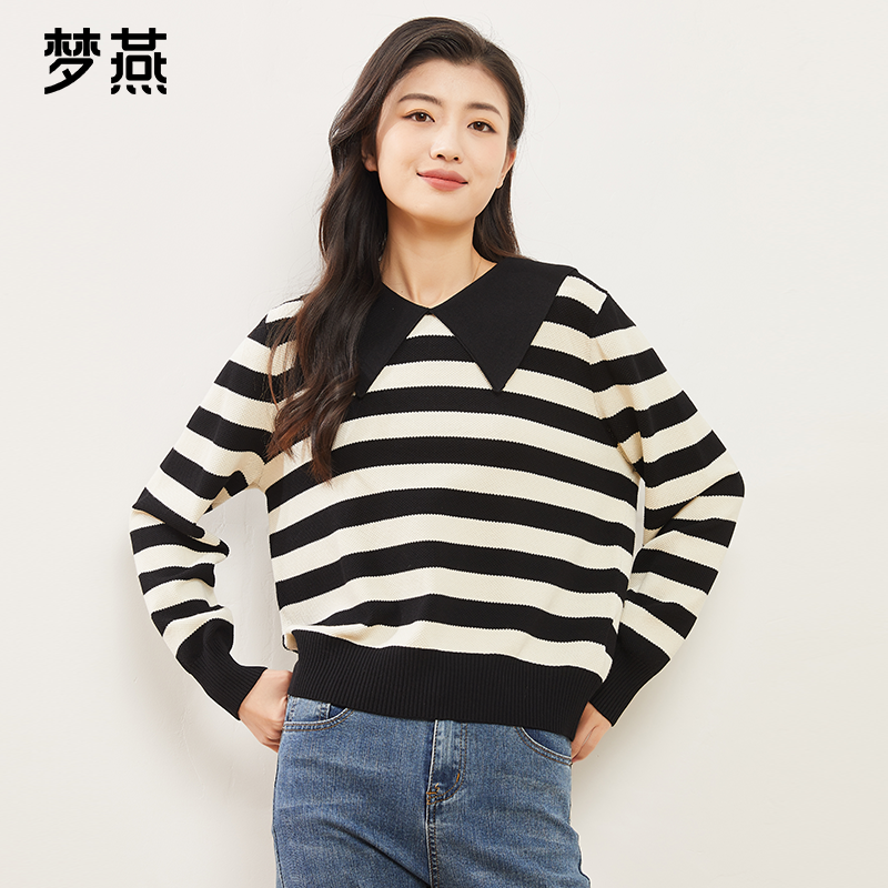 梦燕春秋女时尚百搭宽松休闲简约设计感条纹针织衫上衣AC04B4006