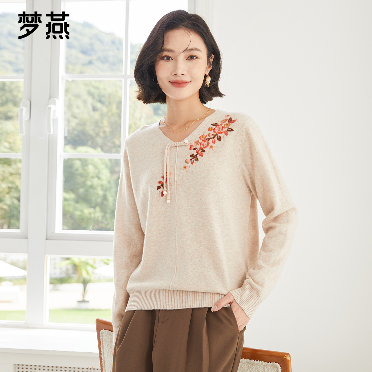 梦燕秋冬女时尚保暖打底衫纯羊毛羊毛衫新中式毛衣上衣CC11B4519