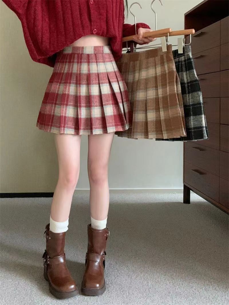 【漂亮精选】复古格子别致高腰显瘦设计感A字百褶短裙子ins