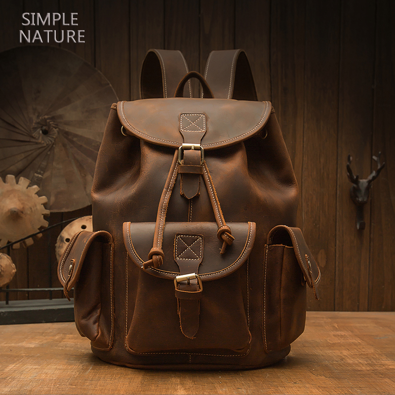 手工疯牛皮双肩包男复古英伦风牛皮背包真皮潮女士户外休闲旅行包