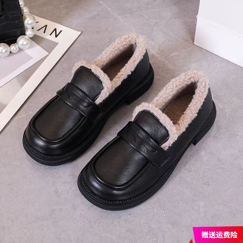 真软皮豆豆鞋女2023秋冬季新款加绒毛毛鞋平底一脚蹬乐福