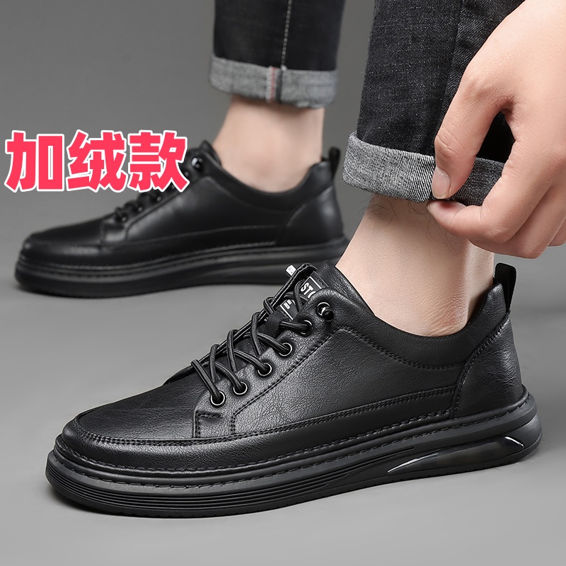 新款时尚百搭手工上线真皮牛皮冬季加绒保暖一脚蹬中年休闲鞋皮鞋