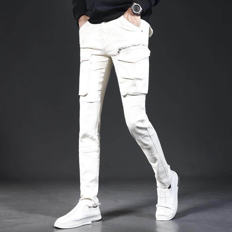 高街牛仔裤2024新款秋季修身小脚米白色男士弹力休闲裤子百搭