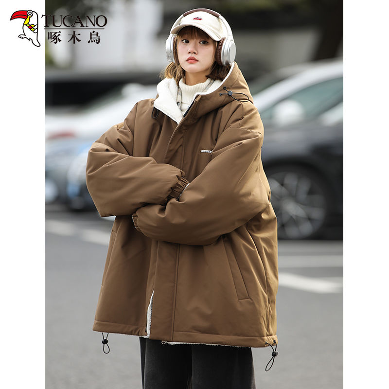 啄木鸟羊羔绒双面穿棉服女冬季新款港风复古百搭情侣加厚棉袄外套