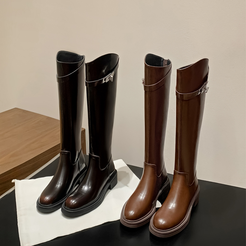 牛皮 跟4.5cm复古擦色圆头斜口锁扣骑士靴女秋冬显瘦不过膝长靴