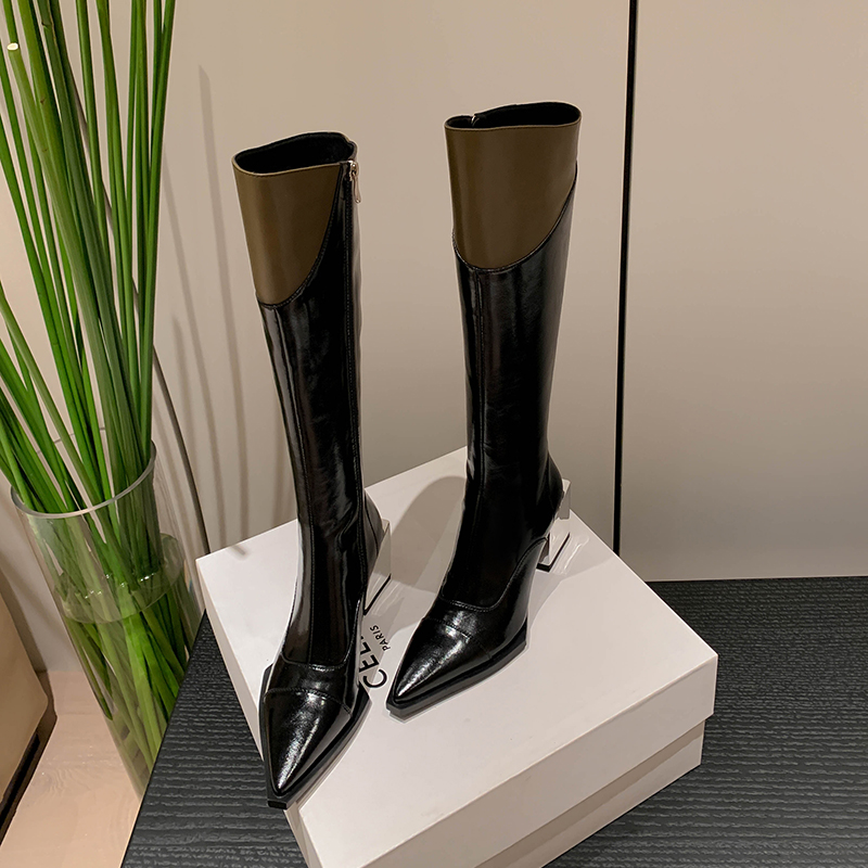 6.5CM 牛皮粗跟气质拼色长筒靴女秋冬新款百搭骑士靴不过膝高筒靴