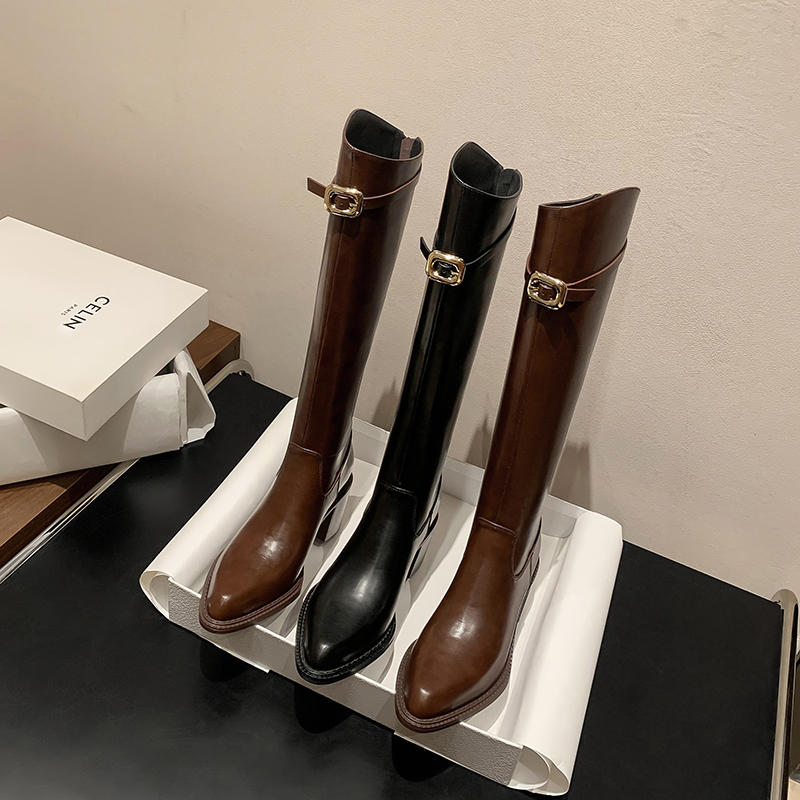 6CM 牛皮尖头粗跟长筒靴女小个子不过膝高筒靴加绒保暖百搭骑士靴