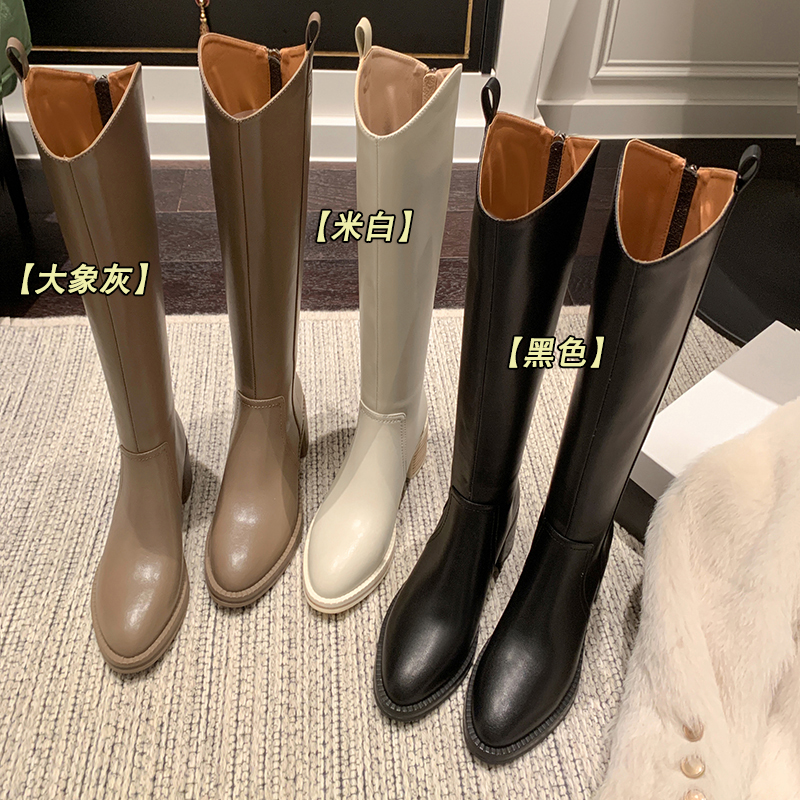 5CM 牛皮尖头粗跟长筒靴女小个子不过膝高筒靴百搭真皮骑士单靴子