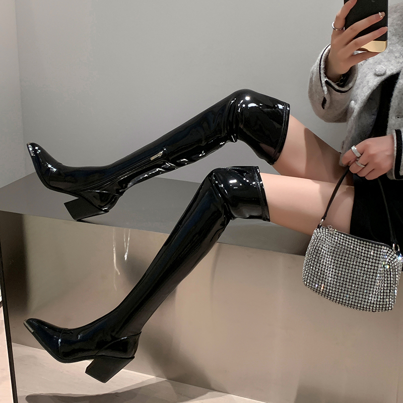 【牛皮】7CM尖头粗跟过膝靴女百搭黑色简约长筒靴秋新款真皮骑士靴