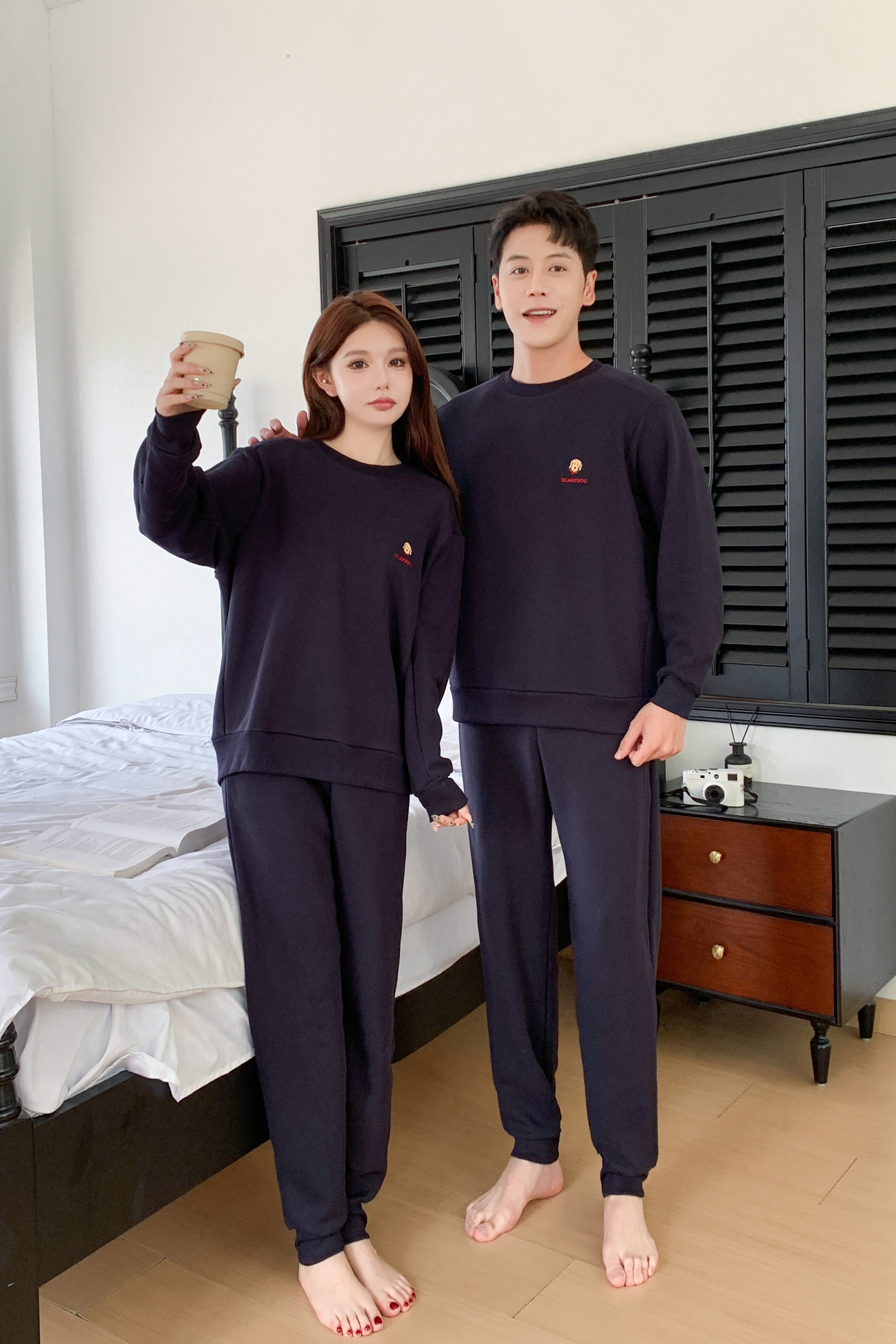 【芮缇妈】韩国爆款男女休闲加绒刺绣长袖家居服套装  可外穿卫衣款