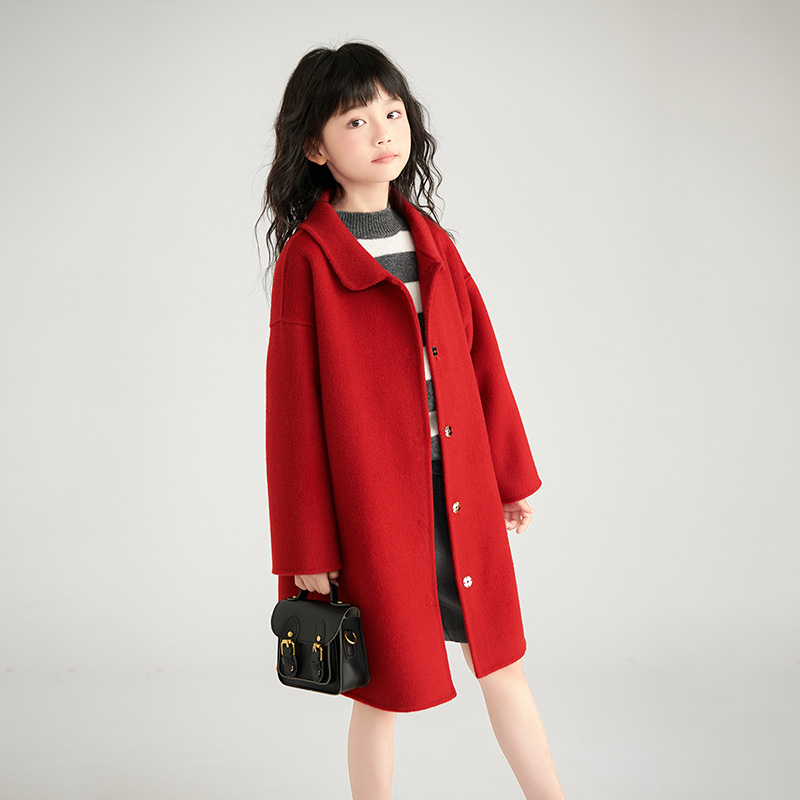 【华绣精品】100%羊绒双面呢大衣儿童熊耳朵领羊绒大衣长款