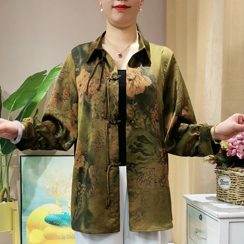 妈妈春装九分袖开衫薄外套中老年女装夏季大码宽松时尚衬衫中长款