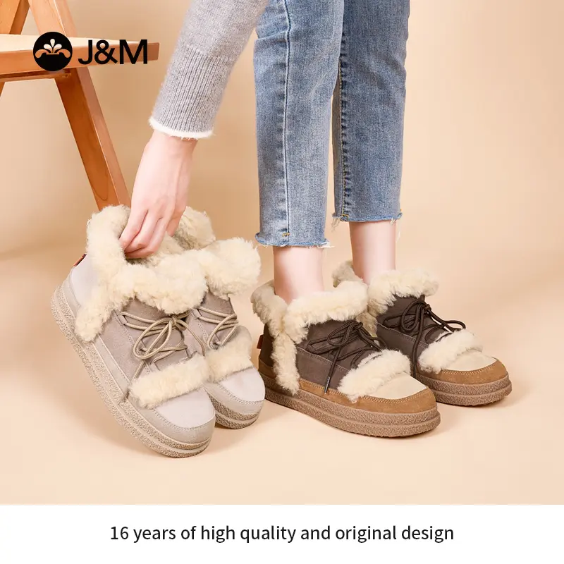 J&M/快乐玛丽2023冬季平底真毛真皮保暖防滑棉鞋加绒雪地靴69262W