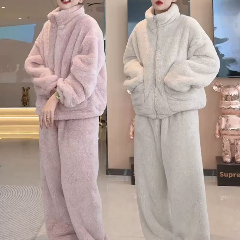 慵懒风立领加绒加厚居家服两件套保暖套装韩版纯色宽松睡衣2025冬