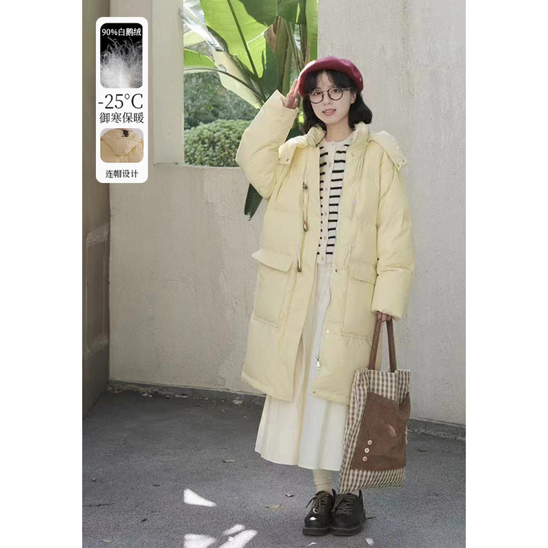 百武西文艺牛角扣90鹅绒中长款羽绒服女冬9832