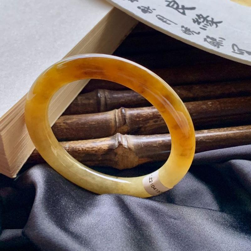 满黄翡翠手镯圆条冰糯种编号2514圈口5152