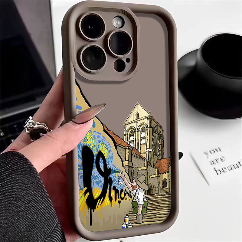 全包油画城堡适用苹果15手机壳iphone15promax气囊12硅胶14/13