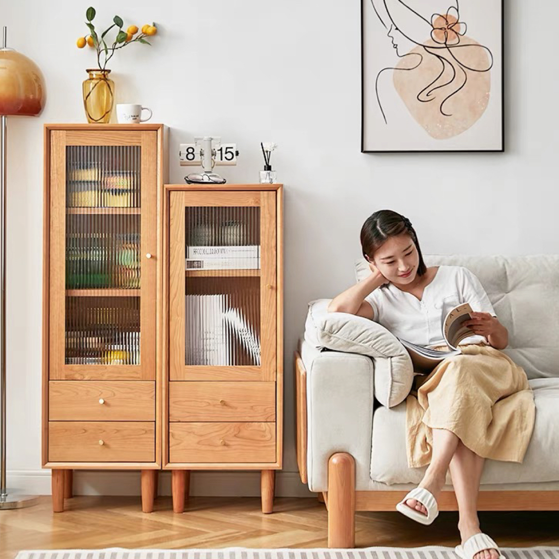 实木白橡木云端晴天电视边柜简约北欧客厅储物柜展示柜书架