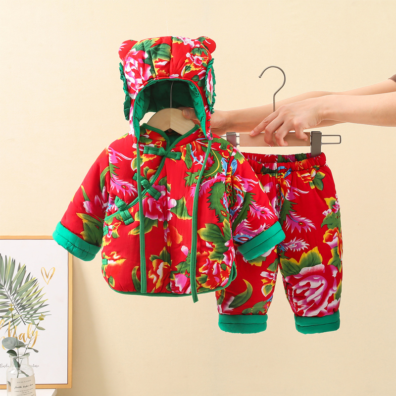 女童东北大花布套装宝宝冬季棉服男童拜年衣服小儿童过年棉袄棉裤