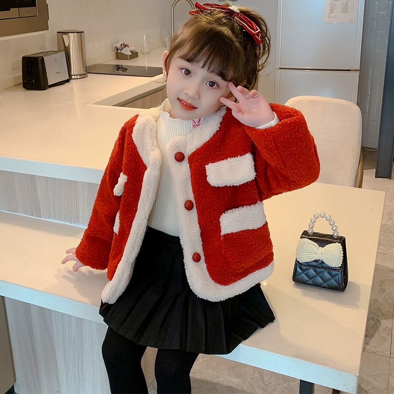 儿童棉衣2023新款女小童加绒加厚毛毛衣女童圣诞拜年服红色外套冬