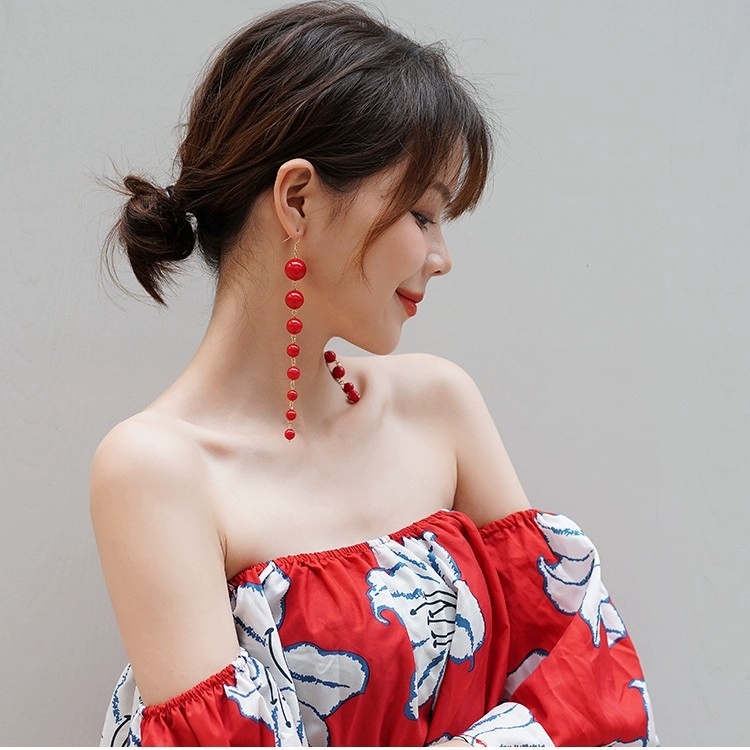 合金仿珍珠耳饰 2025新款爆款夸张耳环红色长款珍珠复古耳饰个性