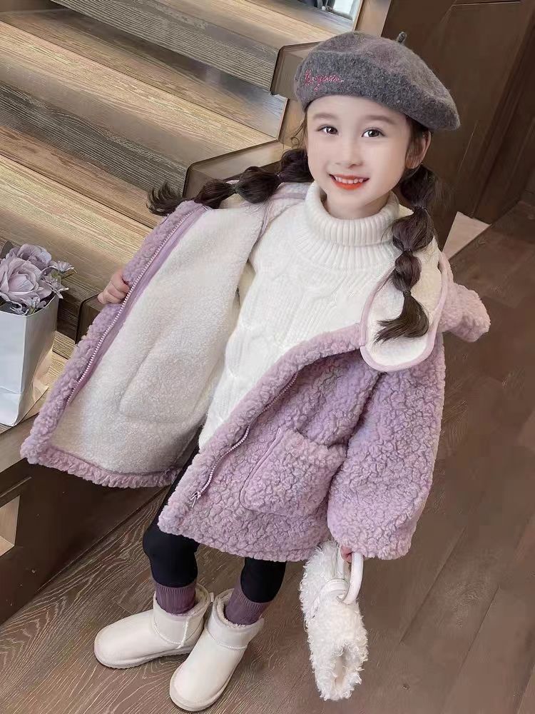 女童洋气加厚毛毛衣外套秋冬女孩加绒衣服女宝宝网红保暖连帽上衣